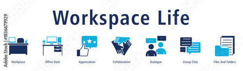 Banner illustrating workplace atmosphere with desks, appreciation, dialogue, teamwork and files.