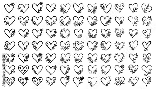 Cute hand drawn hearts with floral doodle decorative vector pattern