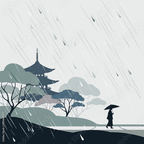 Person in long coat walking with black umbrella under drizzle on gravel road surrounded by leafless and leafy trees near traditional pagoda structure in monochrome rainy scene