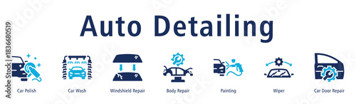 Auto Detailing web banner icon vector illustration with icons of Car Polish, Car Wash, Windshield Repair, Body Repair, Painting, Wiper and Car Door Repair.