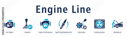 Engine Line web banner icon vector illustration with icons of Car Engine, Gearbox, Engine Performance, Spark Plug Replacement, Lubrication, Cooling System and Mechanical.