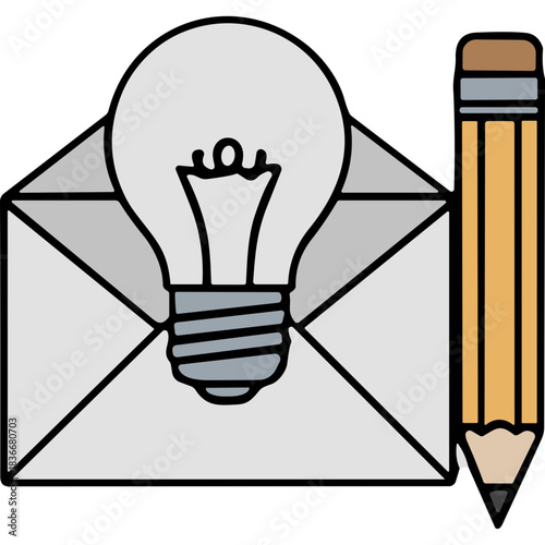 Illustration of an open envelope containing a glowing light bulb with a pencil standing beside it on a white background representing an idea or message creation