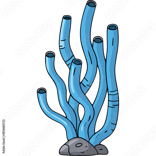 Illustration Of Blue Tube Coral Or Sea Sponge Growing On A Rocky Seabed With A Simple Black Background And Pixel Art Style