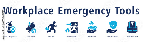 Workplace Emergency Tools banner showing Fire Extinguisher, Fire Alarm, First Aid, Evacuation, Healthcare, Measures, and Vest.