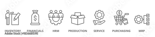 ERP banner web icon set vector illustration concept for enterprise resource planning with icon of inventory, financials, hrm, production, service, purchasing, and mrp