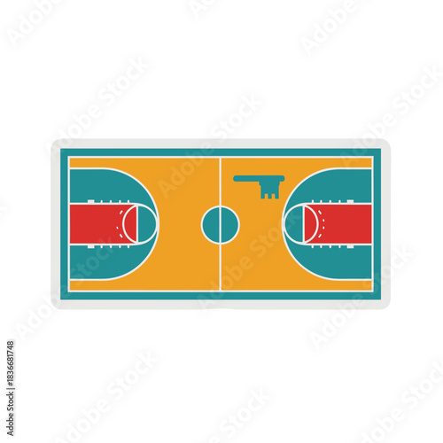 Aerial View of Basketball Court with Yellow Orange Surface Teal Lines and Red Accents Clean Design Sport Arena Outdoor Recreation Play Area