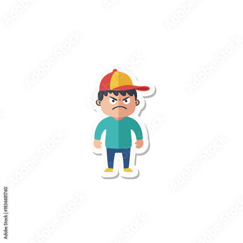 Angry Cartoon Boy Wearing Red and Yellow Baseball Cap Teal T Shirt Blue Jeans and White Shoes Standing Against Black Background With White Border