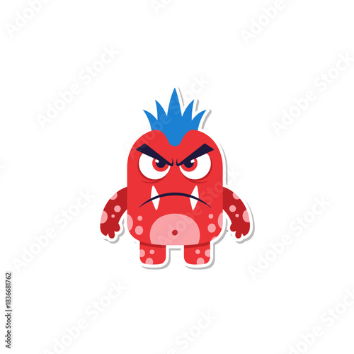 Angry Red Cartoon Monster With Blue Spiky Hair And Sharp Teeth On Black Background Vector Illustration
