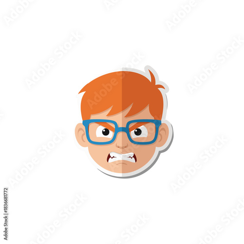 Angry Cartoon Face With Orange Hair Blue Glasses And Snarling Teeth Isolated On Black Background Vector Graphic