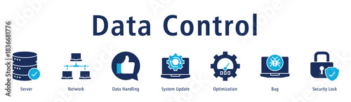 Data Control banner with icons of Server, Network, Data Handling, System Update, Optimization, Bug and Security Lock.