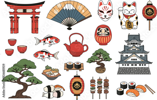 Japanese culture icons, traditional food, torii gate, sushi vector, koi fish, ramen bowl, lantern, mask, cad drawing flat vector illustration