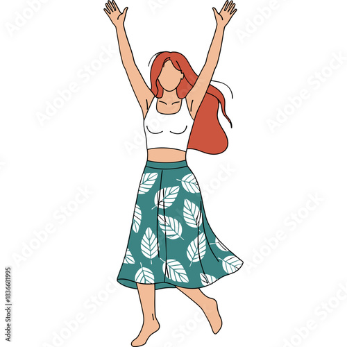 Joyful Red Haired Woman in White Tank Top and Teal Leaf Print Skirt with Arms Raised in Celebration Against Black Background with Subtle Lighting Accents