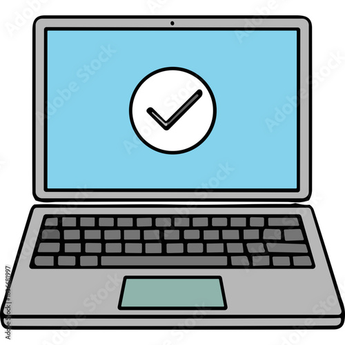 Laptop computer displaying a digital checkmark icon on a light blue screen with a gray keyboard and touchpad against a black background vector illustration