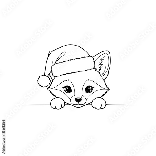 A cute cartoon fox with santa claus hat, peering from behind a clean, uncluttered space. Embodying simplicity and playful charm, this illustration is ideal for seasonal designs. vector illustration