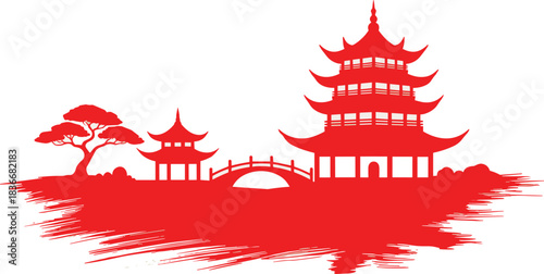 East Asian architecture vector, pagoda silhouette design, cultural landmark art, traditional pavilion scene, tranquil nature layout, cad drawing flat vector illustration