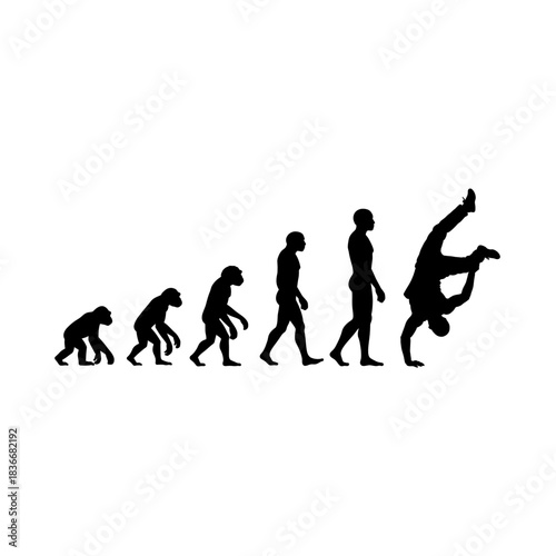 A thought-provoking illustration visualizing the evolution of humankind, culminating in a modern breakdancing pose, symbolizes progress, adaptation. vector illustration