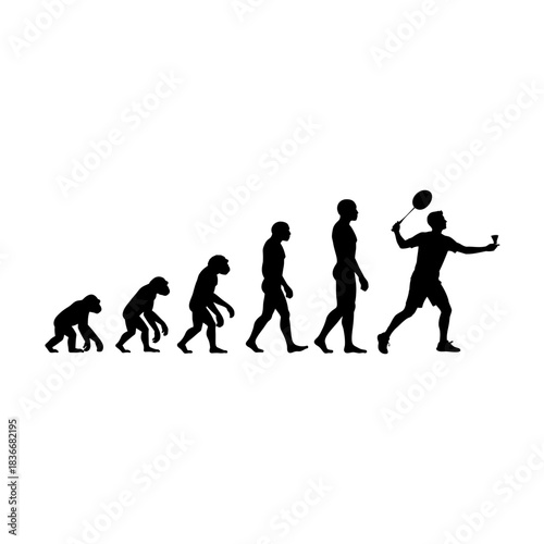 Evolution of Sport: A silhouette illustrates human evolution towards playing badminton, symbolizing progress and the development of athleticism and skill.  vector illustration
