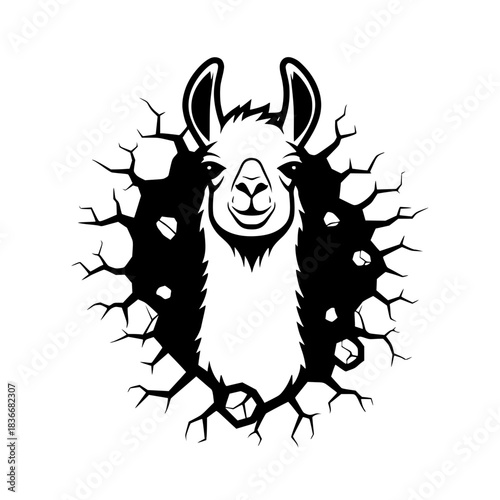 A whimsical illustration of a charming llama bursting through a fractured surface, offering a unique and eye-catching graphic element. vector illustration