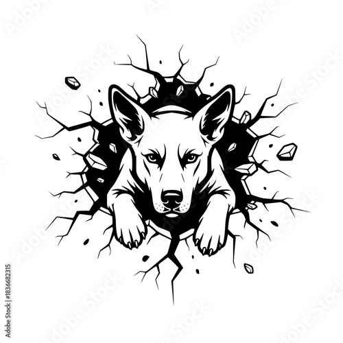 A bold black and white image of a determined dog bursts through a cracked surface, epitomizing strength, determination and resilience.