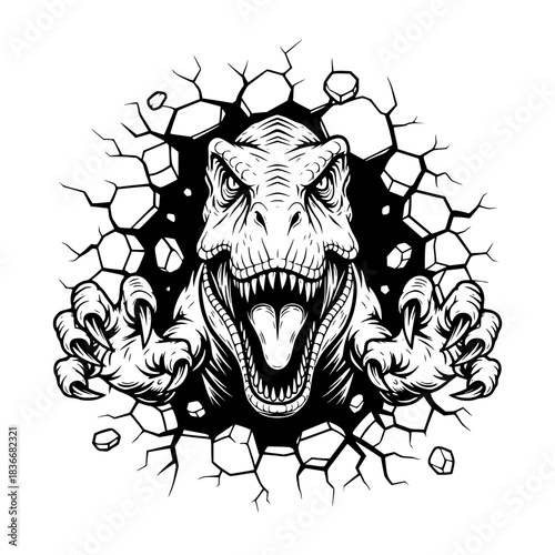 An intense illustration shows a ferocious T-Rex bursting through a cracked wall. This artwork vividly conveys power and prehistoric ferocity.