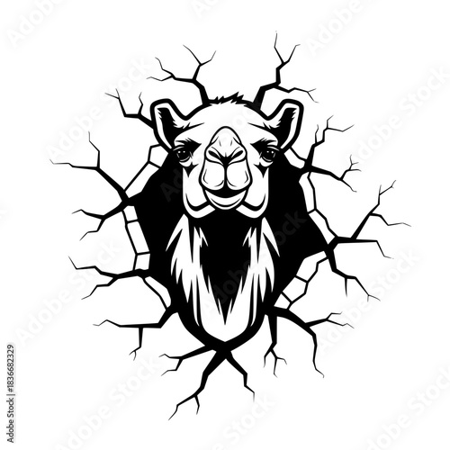 A determined camel bravely emerges from a wall, its striking form rendered in black and white. It symbolizes strength and resilience. The camel looks boldly towards the future.