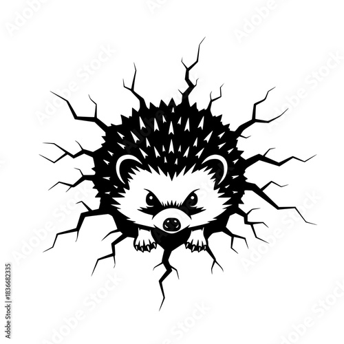 A captivating illustration of an agitated hedgehog bursting through a cracked surface, designed to capture the attention and imagination of viewers, suitable for various creative applications.