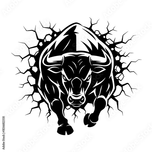 A Powerful Bull bursting through a wall symbolizes strength and determination, a bold statement of resilience and tenacity.