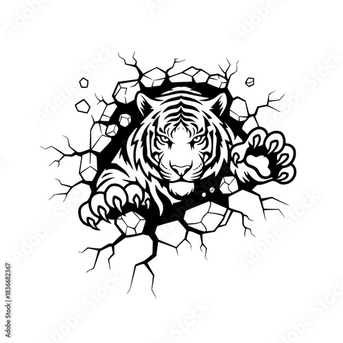 A majestic tiger emerges from a fractured wall, its piercing gaze reflecting raw power and untamed spirit. The scene evokes a sense of strength, resilience, and breaking through obstacles.