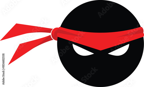 Ninja face vector, cartoon stealth icon, red headband character, martial arts symbol, bold graphic design, cad drawing flat vector illustration