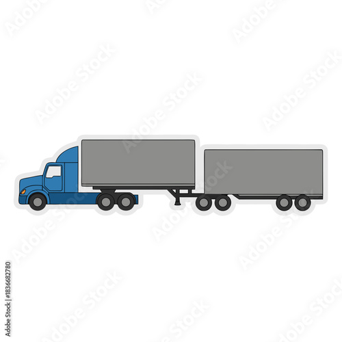 Blue Semi Truck With Two Trailers Driving On The Road During Daylight Simple Flat Design With No Background