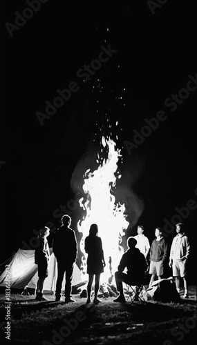 A black and white silhouette of a burning campfire with people around — communication, warm company and camping. Ideal for outdoor brands and event posters. Vector graphics. EPS.