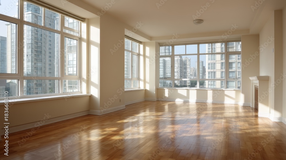 Obraz premium A bright empty space features large windows providing views of tall buildings. Natural light fills the room highlighting the wooden floor. It is a modern setting suitable for various activities.