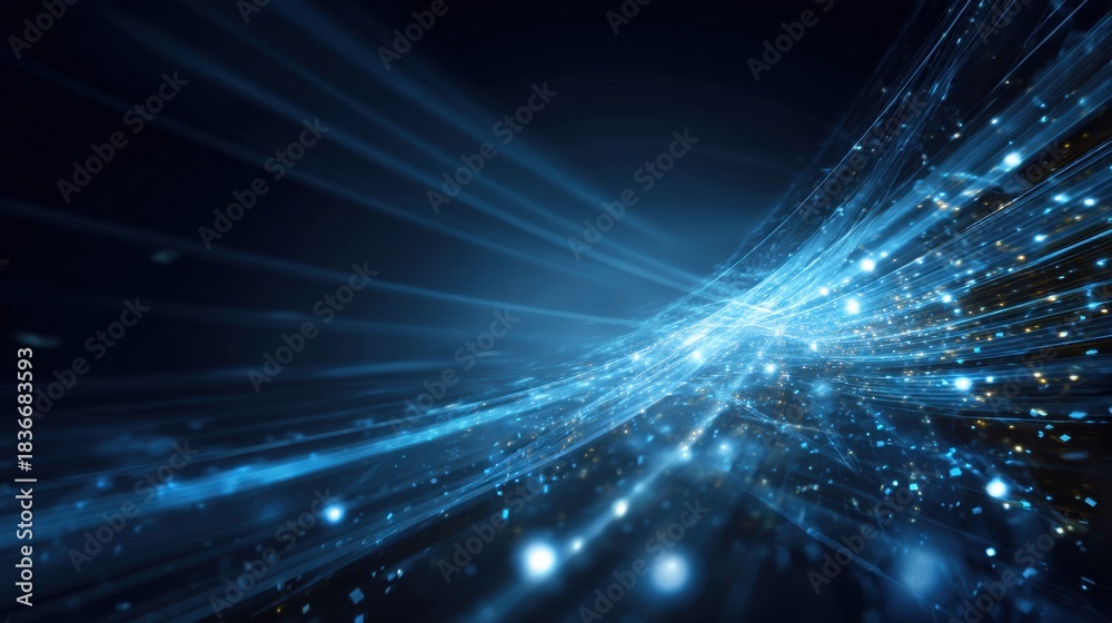 Fototapeta premium Thin rays of light move across a dark background. The scene shows bright particles scattered creating a sense of energy and motion in the air.