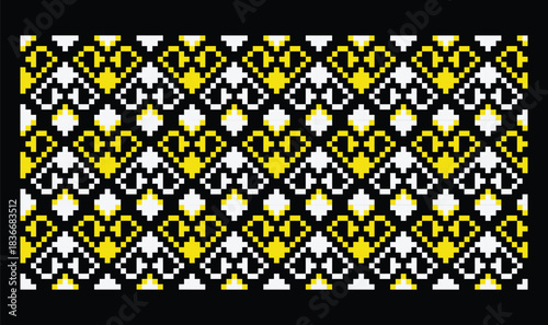 Pixel Yellow and White Hearts Ornament on Black, Pattern from Ukrainian Embroidery