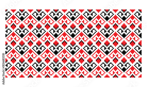 Pixelated Endless Red Black Heart Ornament Pattern from Ukrainian Embroidery