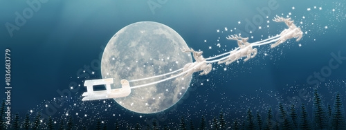 sled with flying reindeers on night sky and moon background