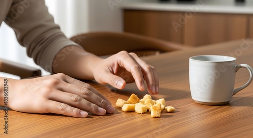 A person's hands reaching for small cubes of cheese on a wooden table next to a white mug, close-up shot