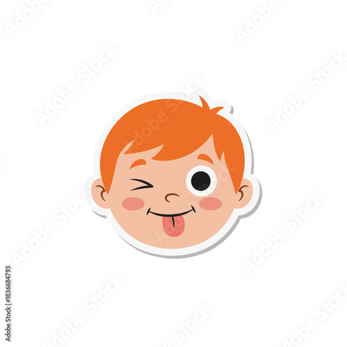 Cheerful redhead boy winking with tongue sticking out showing playful expression isolated on black background cartoon style sticker art