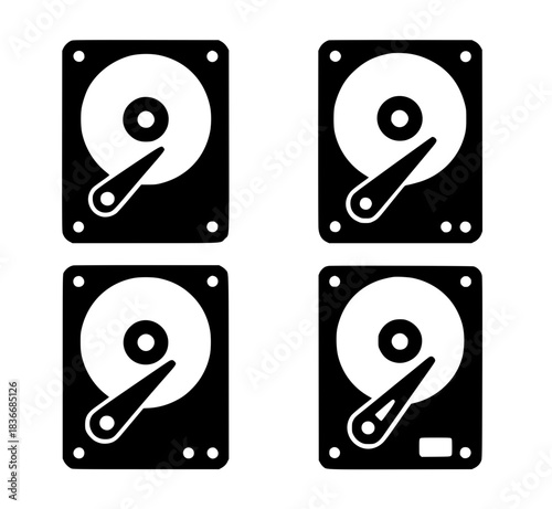 4 hard disk illustrations, black, transparent background