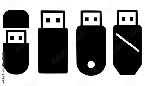 4 flashdisk illustrations, black, transparent background