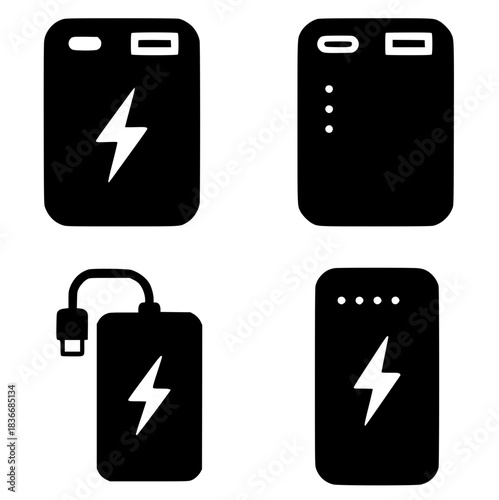 4 power bank illustrations, black, transparent background