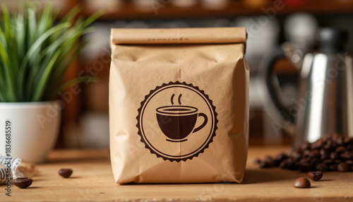 Coffee package with logo placed on wooden table in cafe setting  