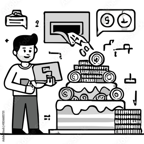 Man Holding Laptop Approaching Cake Stacked With Coins and Money Dispenser Above A Pile Of Banknotes In A Simple Illustration