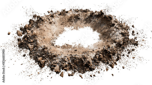 Impact crater creating a hole in brown soil and dirt with surrounding debris and explosion aftermath on transparency