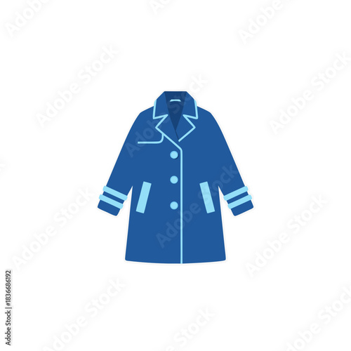 Classic Blue Trench Coat With Light Blue Accents On Collar Cuffs And Buttons Isolated On Black Background Flat Design Illustration Style