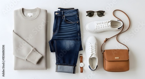 Flat lay of a casual outfit including a sweater, jeans, sneakers, sunglasses, watch, and a handbag