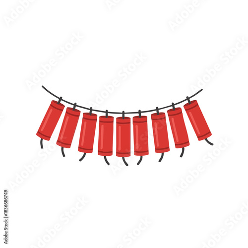 Red firecrackers hanging on string for Lunar New Year celebration  