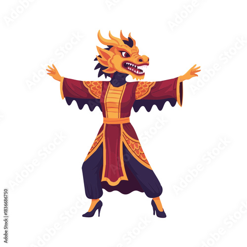 Dragon dance performer in traditional costume celebrating Lunar New Year  