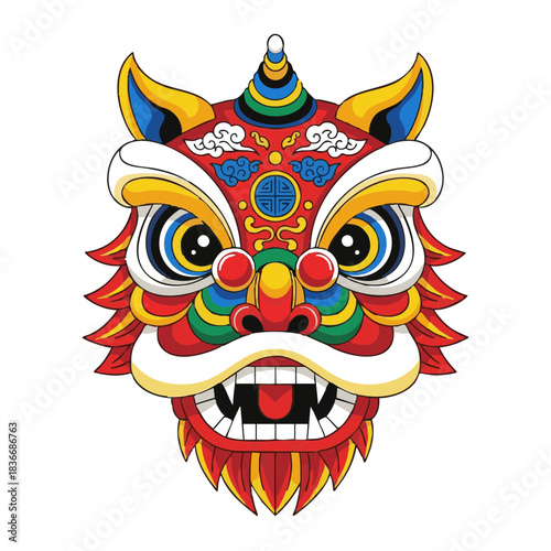 Colorful lion dance mask representing Lunar New Year celebrations  