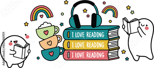 Cute reading-themed illustration with happy characters, colorful books, headphones, rainbows, stars, mugs, playful cartoon style, literacy and learning concept